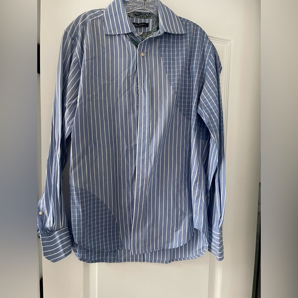 Robert Graham Men’s M Blue Stripe Shirt Paisley Flip Cuff Contrast Button Down - Picture 2 of 9